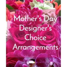 Graphic with pink roses, dahlias, and orchids with text reading Mother's Day Designer's Choice Arrangements