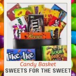 Candy basket with assorted snack-size candy bars and gummies