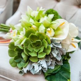 Bouquet of white calla lilies and green succulents with silver foliage