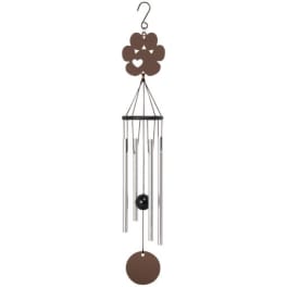 Brown hanging wind chime with metal tubes and a round clapper