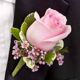 Pink rose boutonniere with small lavender flowers and variegated leaves