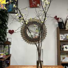 Tall branches with small white blossoms in a clear glass vase