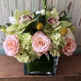 Pink roses and green hydrangeas in a square glass vase