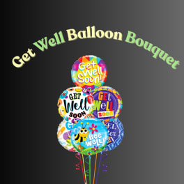 Cluster of colorful get-well balloons with ribbon tails