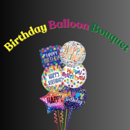 Cluster of birthday balloons with colorful "Happy Birthday" designs