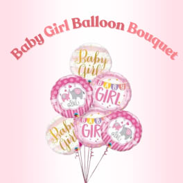Cluster of pink baby girl balloons with printed messages