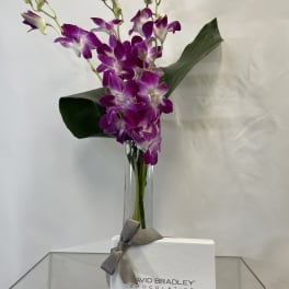Purple orchids in a glass vase with a white chocolate box tied by a gray ribbon.