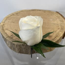 Single white rose with green leaves on a wood slice