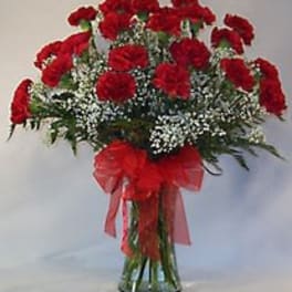 Bouquet of red carnations with baby's breath in a glass vase