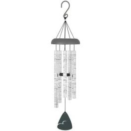 Hanging wind chime with clear tubes and a dark top and clapper