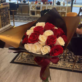 25 LARGE RED AND WHITE wrapped Rose bouquets
