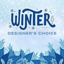 Winter Designer's Choice graphic with blue text on a snowy background