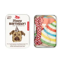 Dog birthday kit in a metal tin with a party hat and cookie cutter