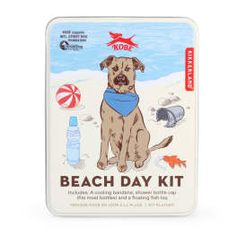 Beach day kit tin with a dog illustration and accessories