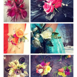 Collage of colorful floral wrist corsages with roses and orchids