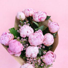 Bouquet of pink peonies with small filler flowers on brown paper