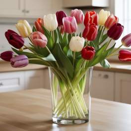 Bouquet of multicolored tulips in a clear glass vase