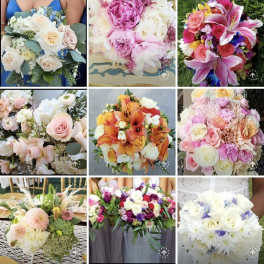 Collage of colorful bridal bouquets with roses, lilies, and mixed blooms