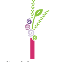 Stylized floral graphic with green stems and purple spiral blooms