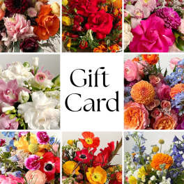 Collage of colorful mixed flower arrangements surrounding the words Gift Card in the center.