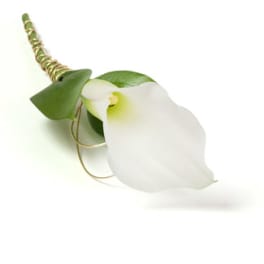 White calla lily boutonniere with green accents and gold wire wrap