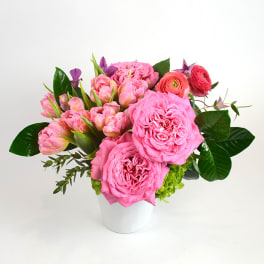 Pink roses and ranunculus arranged in a white vase