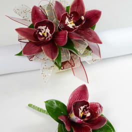Two burgundy orchid corsages with ribbon accents