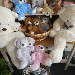 Assorted teddy bears displayed on shelves and in baskets