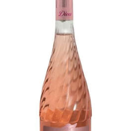 Bottle of Diva pink rosé prosecco with textured glass and metallic pink foil