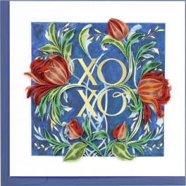 Decorative card with paper quilled flowers and gold XO lettering
