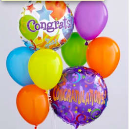 Colorful congratulations balloon bunch with two printed balloons and solid balloons