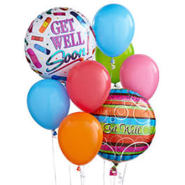 Cluster of colorful balloons with two get well soon balloons