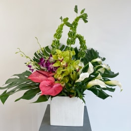 Tropical floral arrangement in a white square vase with orchids and calla lilies