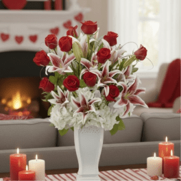 Tall arrangement of red roses, red and white lilies, and white blooms in a white pedestal vase.