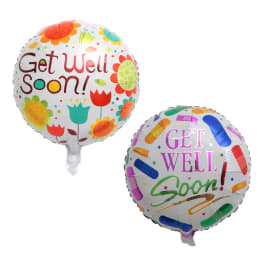 Two round get-well balloons with colorful floral and bandage designs