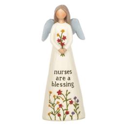 Angel figurine holding flowers with "nurses are a blessing" text