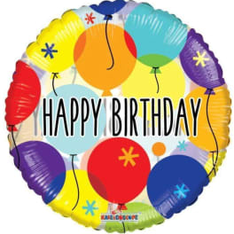 Round birthday balloon with colorful balloon graphics and "HAPPY BIRTHDAY" text