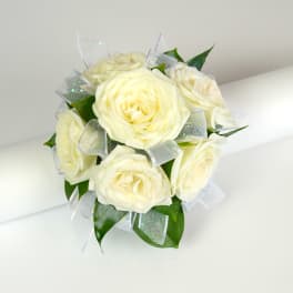 White rose bouquet with silver ribbon accents