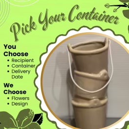 Promotional graphic with a tan container and text about choosing recipient and delivery date.