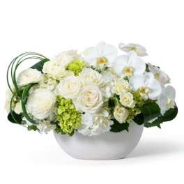 Low white bowl of white roses, hydrangeas, and orchids with light green accents.