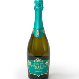 Bottle of Vita Bella Prosecco sparkling wine with teal foil and label on white background