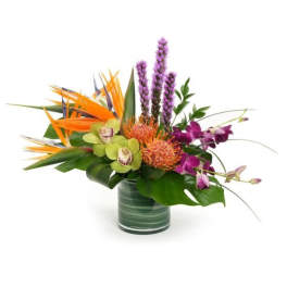 Tropical arrangement with orange blooms, green orchids, and purple flowers in a low glass vase with large foliage.