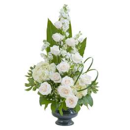 Tall white rose and hydrangea arrangement in a dark pedestal vase with structured green accents