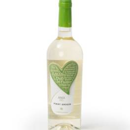 Bottle of white wine with green cap and heart label on a white background