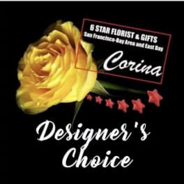Yellow rose with a florist logo and Designer's Choice text