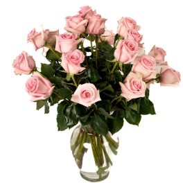 Vase of long-stemmed light pink roses arranged in a clear glass vase