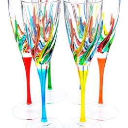 Set of clear stemmed glasses with colorful painted swirls