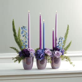 Blue and Lavender arrangement with candles
