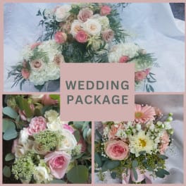Wedding bouquets in blush pink, white, and cream flowers