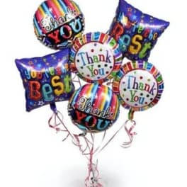 Cluster of colorful thank-you balloons with ribbon tails